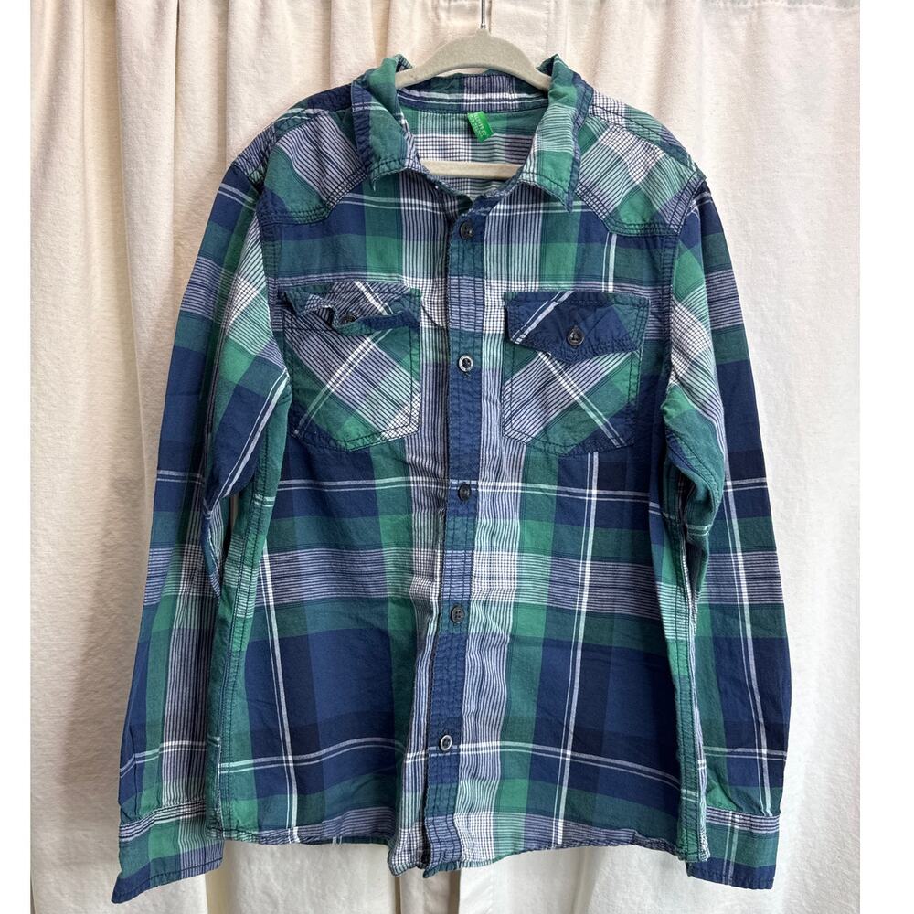 United Colors of Benetton Plaid Long Sleeve Button Up Shirt Boys Large (8-9year)